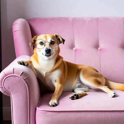 Dog wearing glasses on pink sofa
