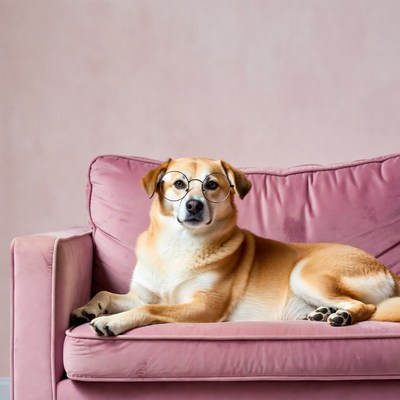 Dog wearing glasses on pink couch
