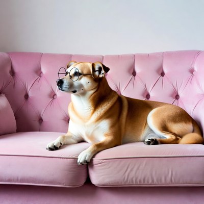 Dog wearing glasses on pink sofa