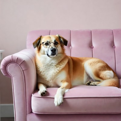 Dog wearing glasses on pink sofa