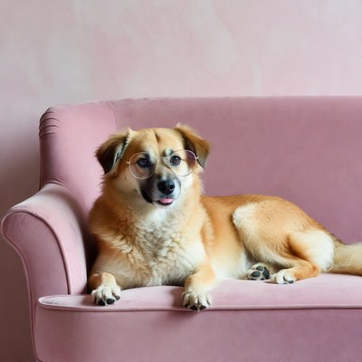 Dog wearing glasses on pink sofa