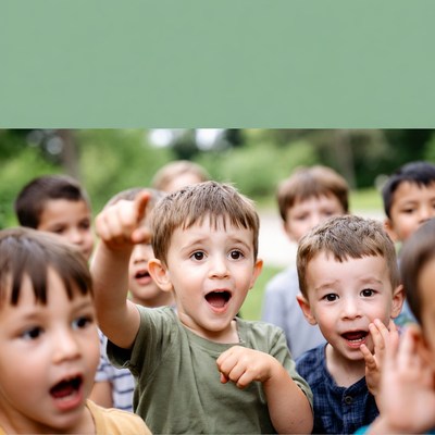 Group of excited boys pointing outdoors