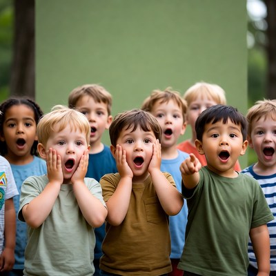Group of surprised children with hands on cheeks