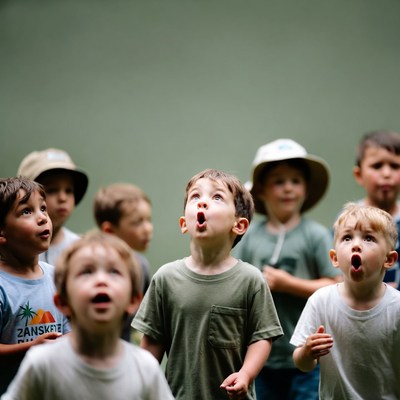 Group of boys looking up excitedly