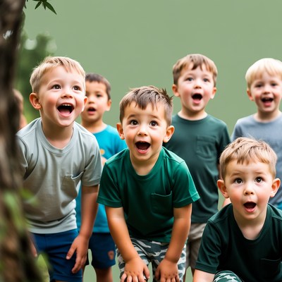 Group of excited boys looking up