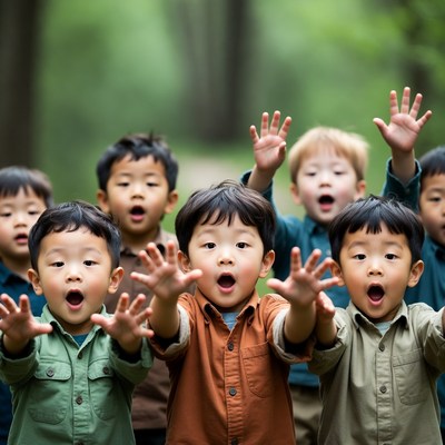 Asian boys raising hands in forest