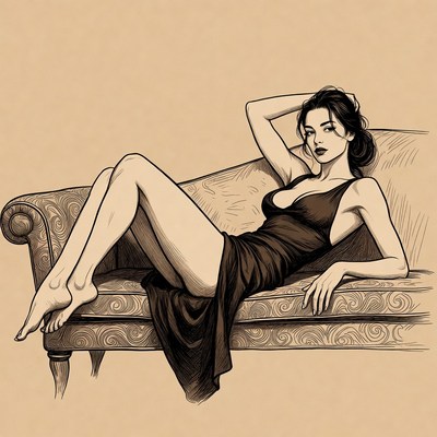 Woman lounging on sofa in black dress