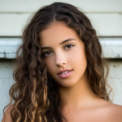 Curly-haired woman against white wall