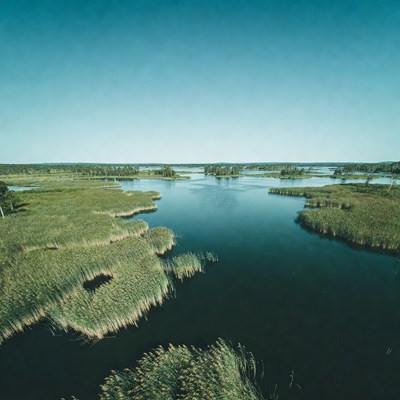 Aerial View of Reed Marshes and Lakes