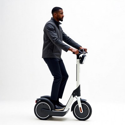 African-American man riding electric scooter