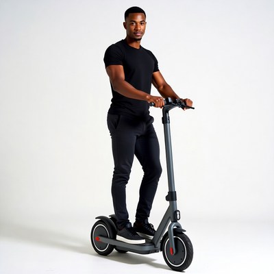 African-American man riding electric scooter