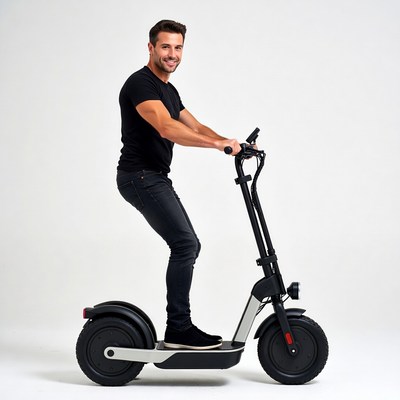 Man riding black electric scooter