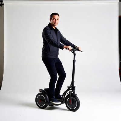 Man riding black electric scooter