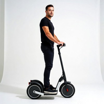 Man riding black electric scooter