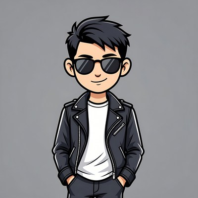 Cartoon Asian man in leather jacket