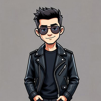 Cartoon Asian man in leather jacket