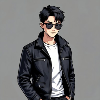 Anime man in leather jacket sunglasses
