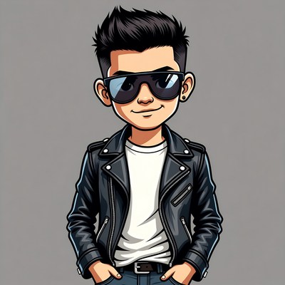 Cartoon Asian boy in leather jacket