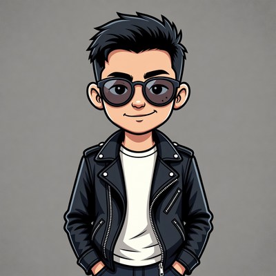 Cartoon Asian man in leather jacket