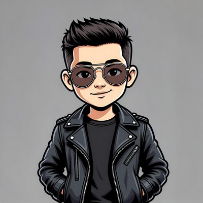 Cartoon boy in leather jacket and sunglasses