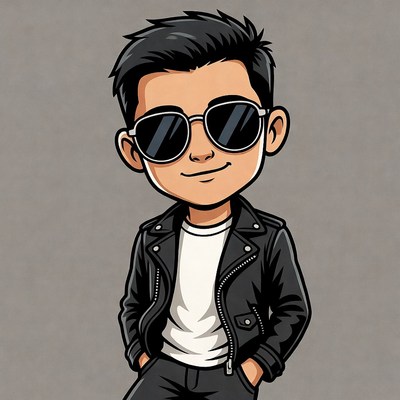 Cartoon Asian man in leather jacket