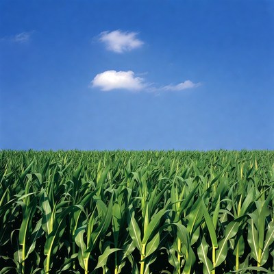 Green cornfield under blue sky