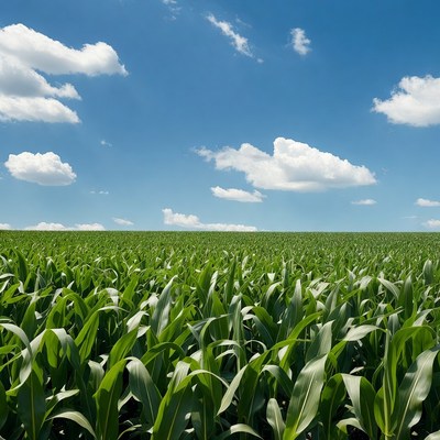 Green cornfield under blue sky