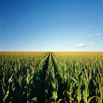 Corn Field Rows Under Blue Sky