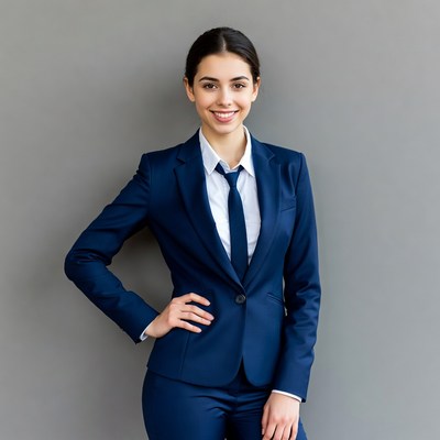 Smiling woman in navy blue suit