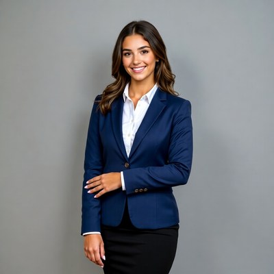 Smiling Latina woman in navy blazer