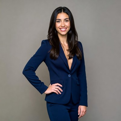 Smiling woman in navy blazer suit