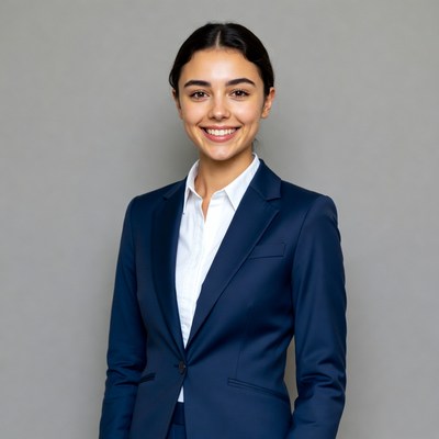 Smiling woman in navy blazer suit