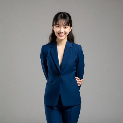 Asian woman in navy blue suit