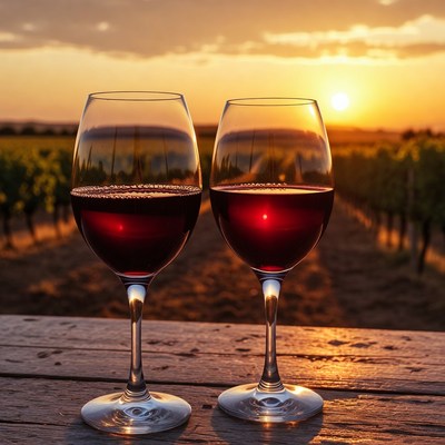 Two red wine glasses at sunset vineyard