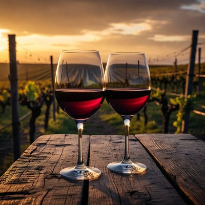 Two red wine glasses in vineyard sunset