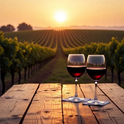 Two red wine glasses in vineyard sunset