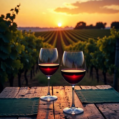 Two red wine glasses in vineyard sunset