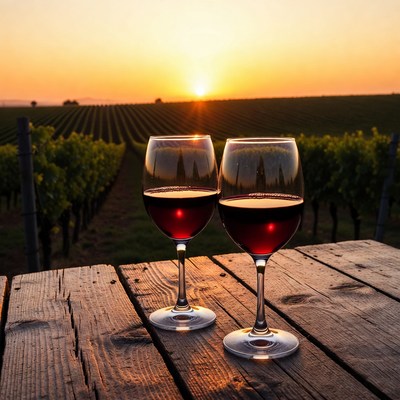 Two red wine glasses at vineyard sunset