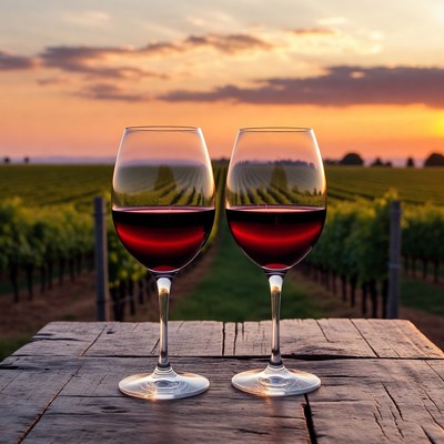 Two red wine glasses vineyard sunset