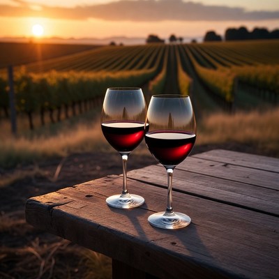 Two red wine glasses on table at vineyard sunset