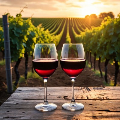 Red Wine Glasses in Vineyard Sunset