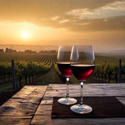 Two red wine glasses on table at vineyard sunset