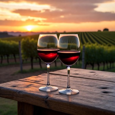 Two red wine glasses at vineyard sunset