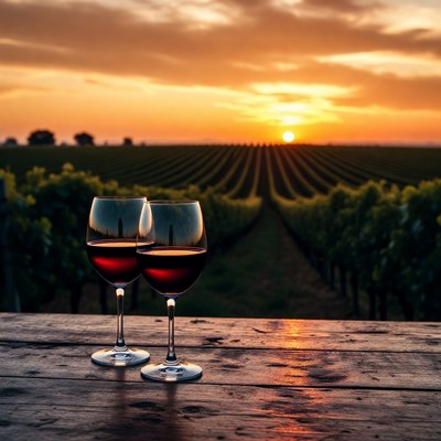 Two red wine glasses in vineyard sunset