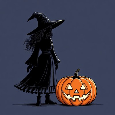 Silhouette Witch Standing by Jack-o-Lantern