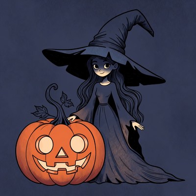 Witch girl with pumpkin and cat