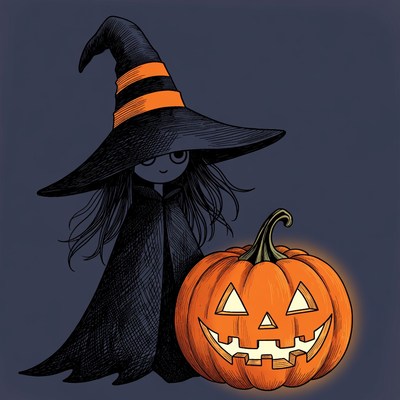 Cartoon Witch Girl with Jack-o-Lantern
