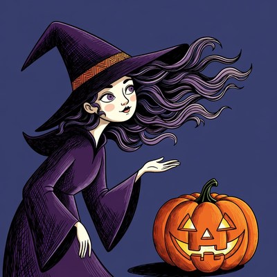 Witch gesturing at jack-o-lantern