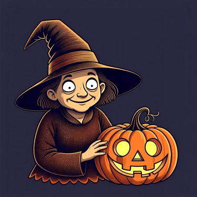 Cartoon witch girl holding pumpkin