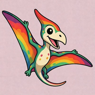 Cute cartoon pterodactyl with rainbow wings